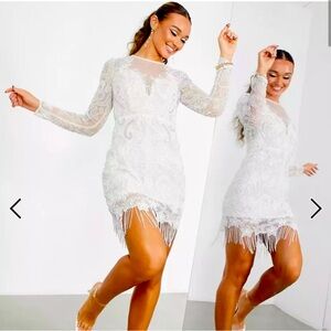 ASOS EDITION placement beaded mesh mini dress with fringe hem in white
